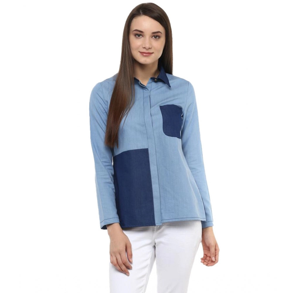 Women's Denim Patch Work Long Sleeves Regular Top (Blue) - GillKart