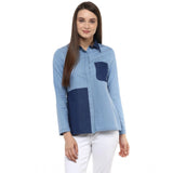 Women's Denim Patch Work Long Sleeves Regular Top (Blue) - GillKart