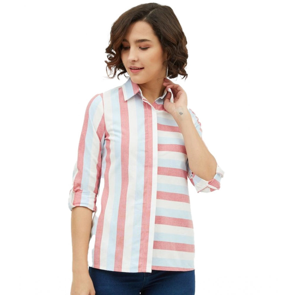 Women's Cotton Striped Long Sleeves Standard Length Shirt (Pink) - GillKart