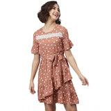 Women's Polyester Polka Bell Sleeve Above Knee Dress (Brown) - GillKart