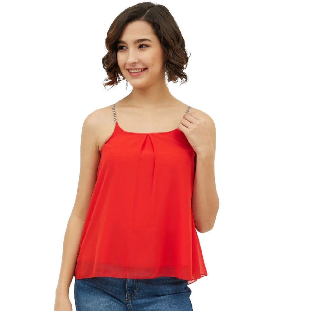 Women's Polyester Embellished Shoulder Straps Top (Red) - GillKart