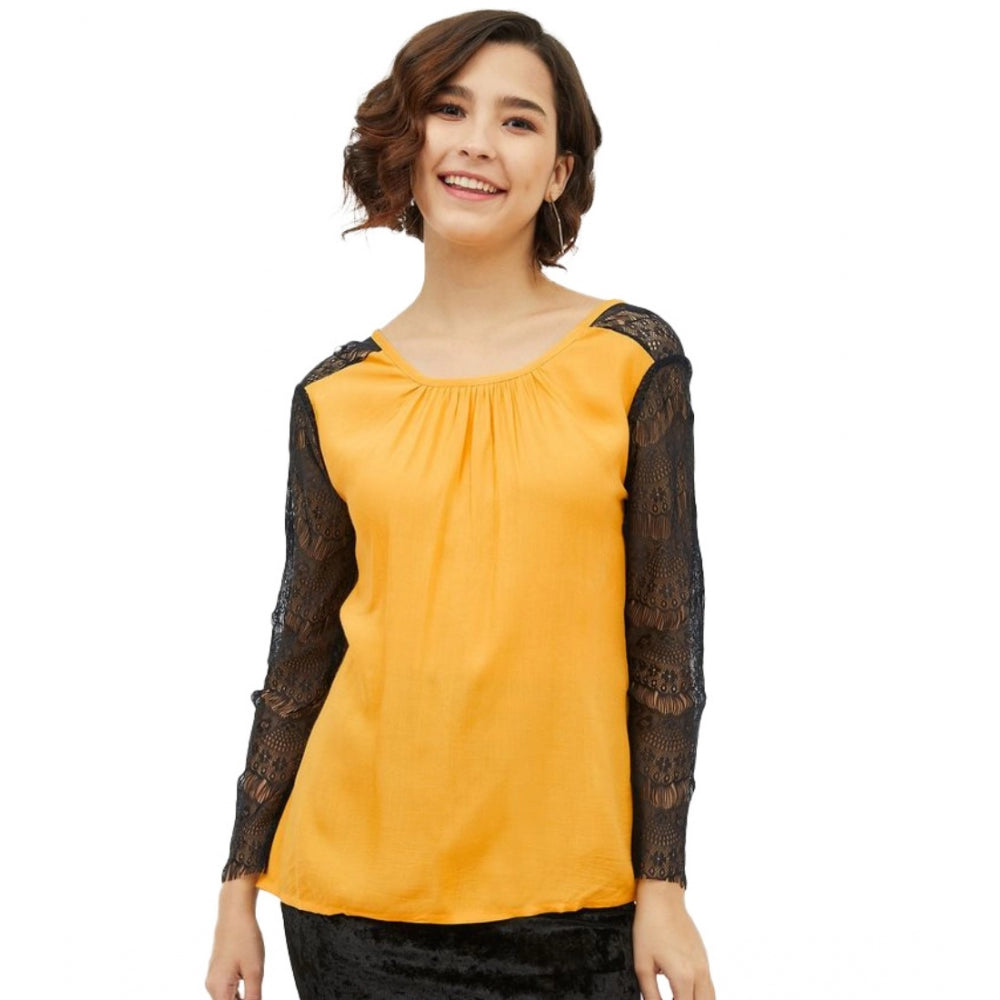 Women's Rayon Lace Inserts Long Sleeves Top (Yellow) - GillKart