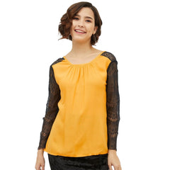 Women's Rayon Lace Inserts Long Sleeves Top (Yellow) - GillKart