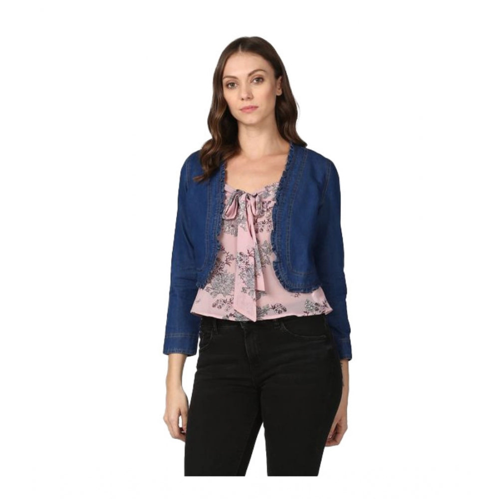 Women's Denim Ruffled Long Sleeves Shrug (Navy Blue) - GillKart