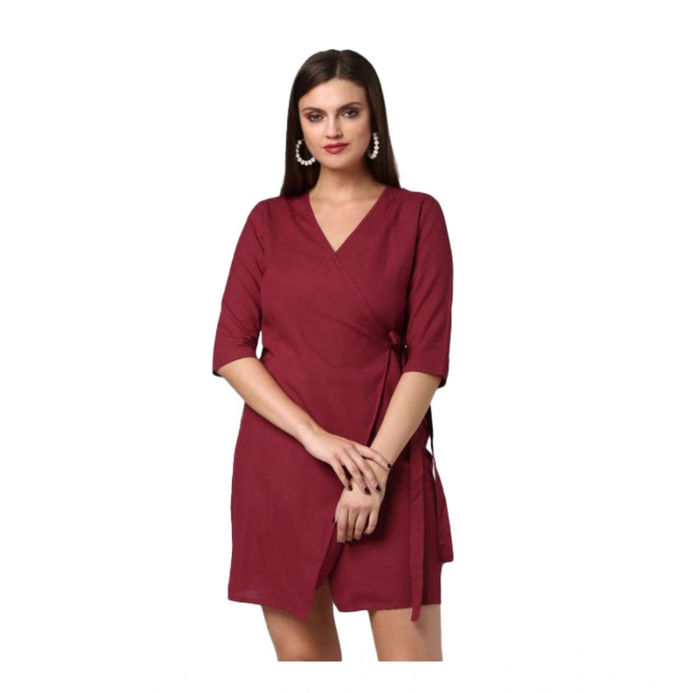 Women's Cotton Solid 3-4th Sleeves Above Knee Dress (Maroon) - GillKart