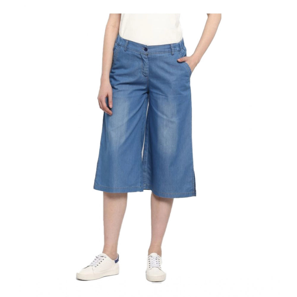 Women's Denim Solid Buttoned Below Knee Culottes (Light Blue) - GillKart