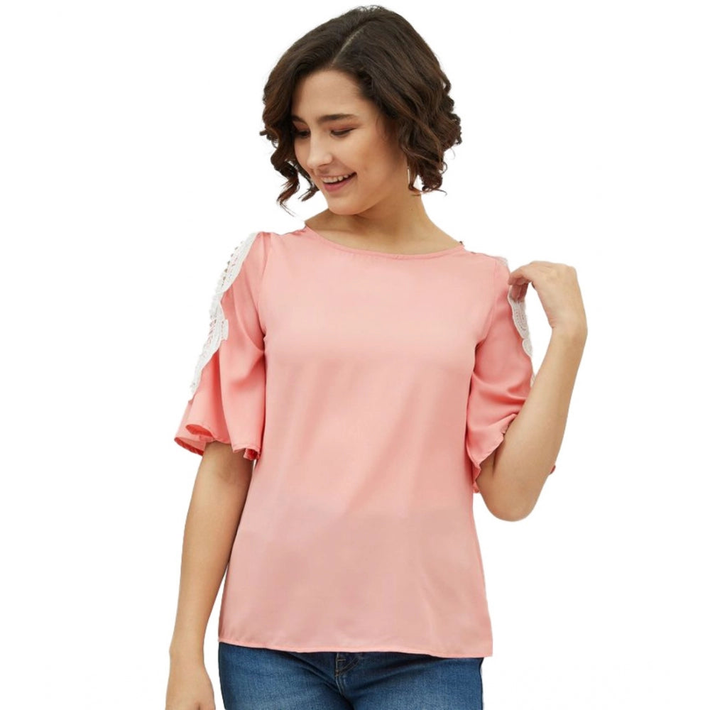 Women's Polyester Lace Inserts Cold Shoulder Top (Pink) - GillKart