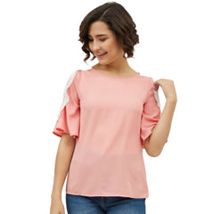 Women's Polyester Lace Inserts Cold Shoulder Top (Pink) - GillKart