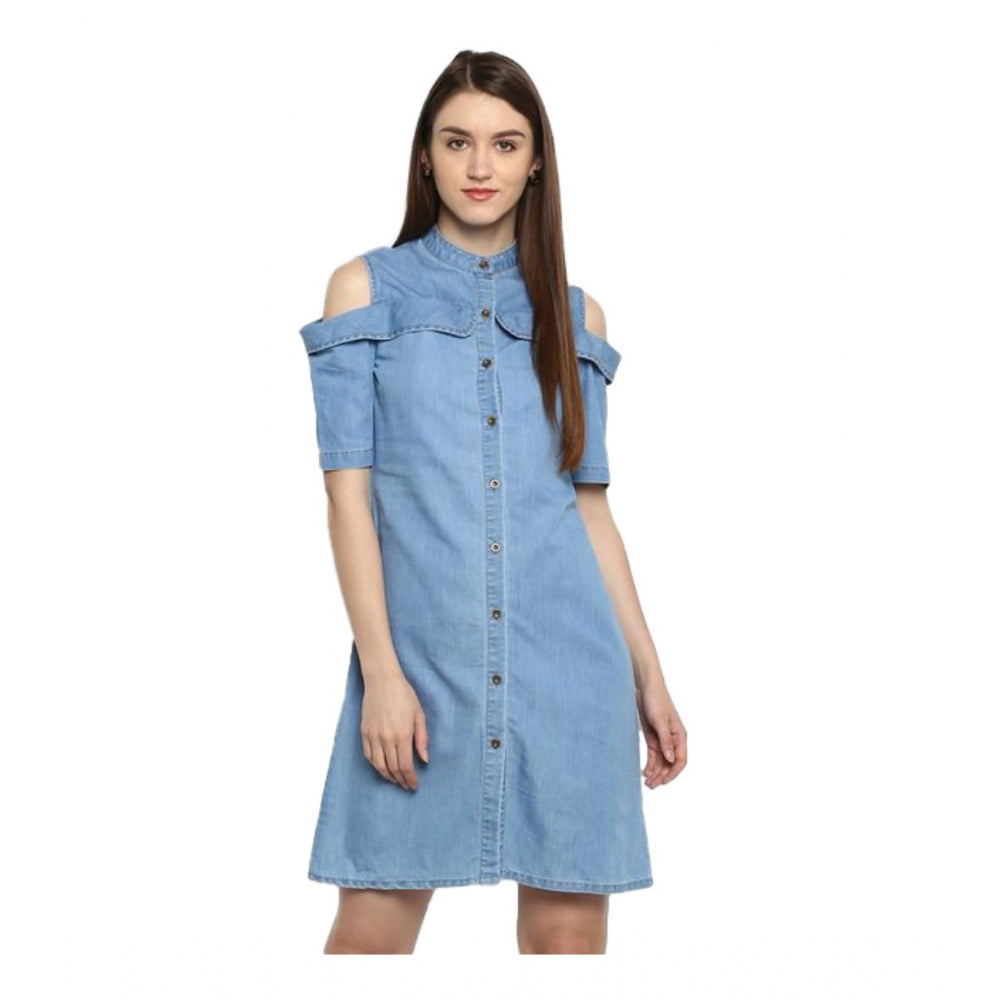 Women's Denim Solid Cold Shoulder Above Knee Dress (Blue) - GillKart