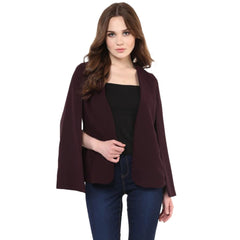 Women's Polyester Solid Cape Sleeve Blazer (Wine) - GillKart