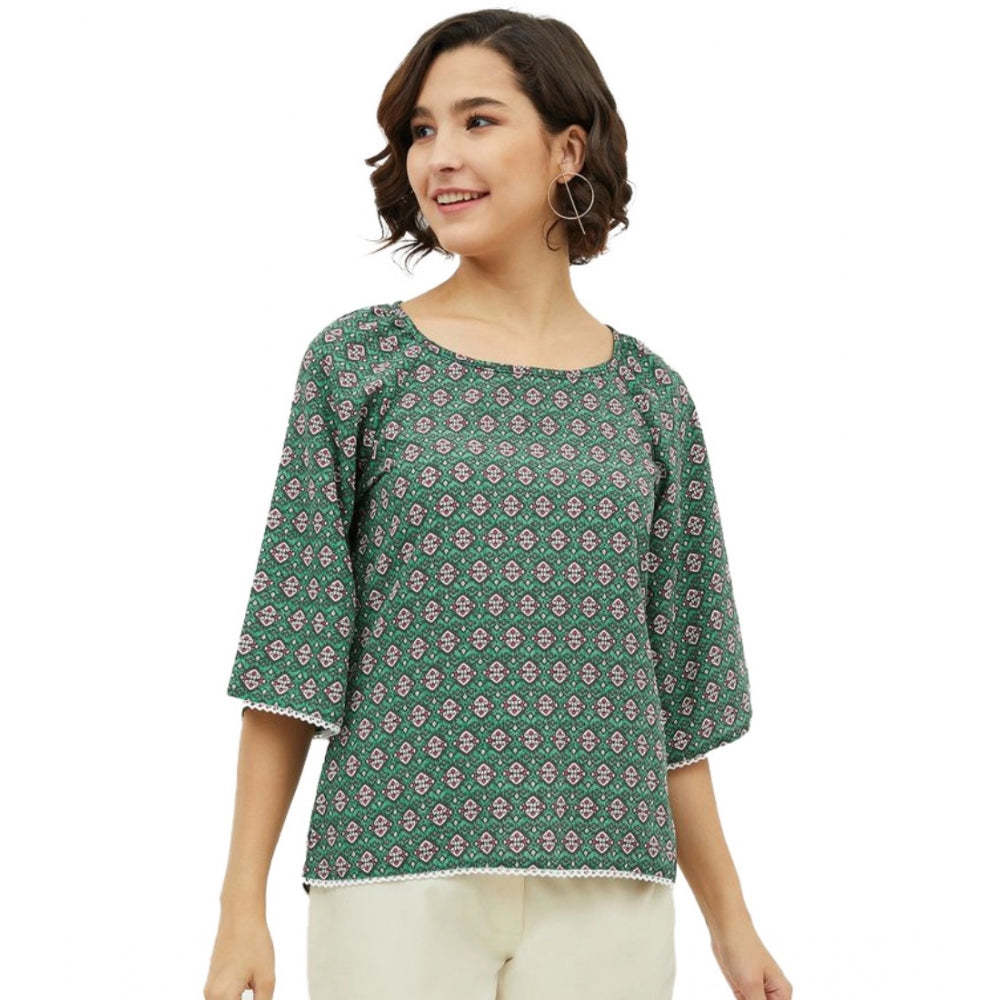 Women's Polyester Printed 3-4th Sleeves Top (Green) - GillKart