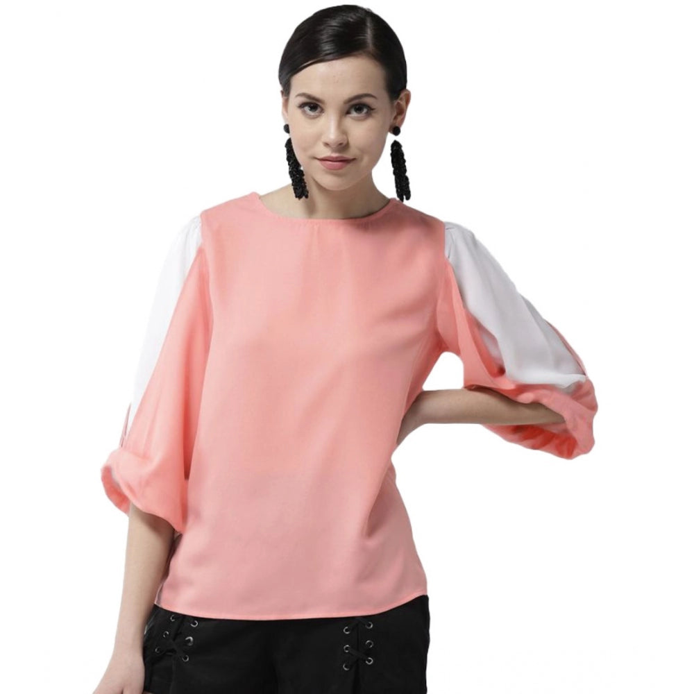 Women's Polyester Colour Block Slit Sleeve Top (Pink) - GillKart