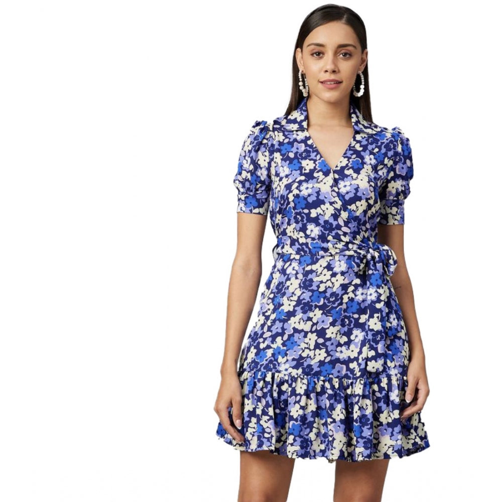 Women's Polyester Floral Short Sleeve Above Knee Dress (Blue - Purple) - GillKart