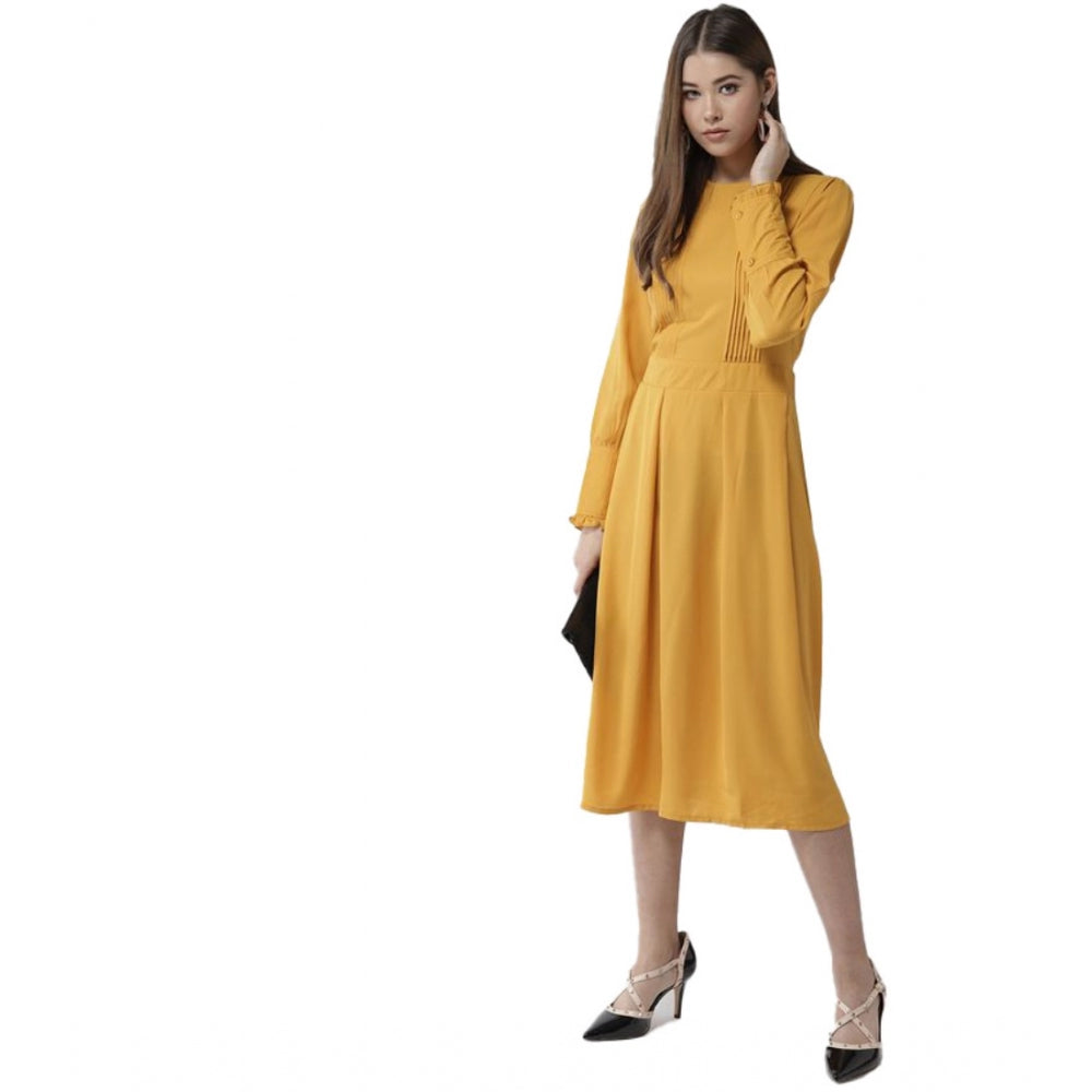 Women's Polyester Pintuck Long Sleeves Below Knee Dress (Yellow) - GillKart