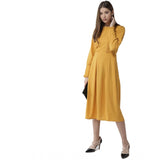 Women's Polyester Pintuck Long Sleeves Below Knee Dress (Yellow) - GillKart