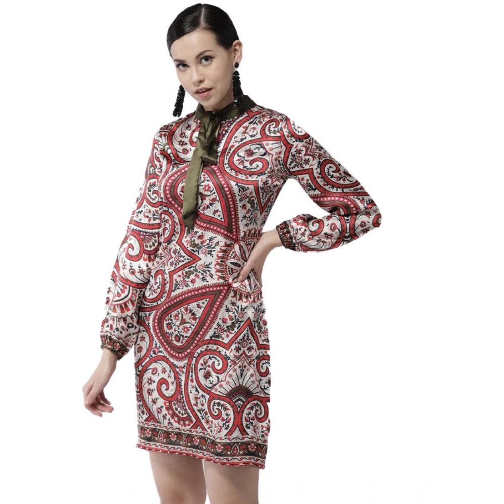 Women's Polyester Printed Long Sleeves Above Knee Dress (Red) - GillKart