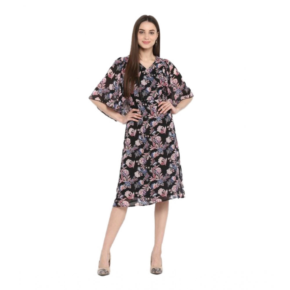 Women's Polyester Floral Short Sleeve Knee-Length Dress (Black - Multicolor) - GillKart