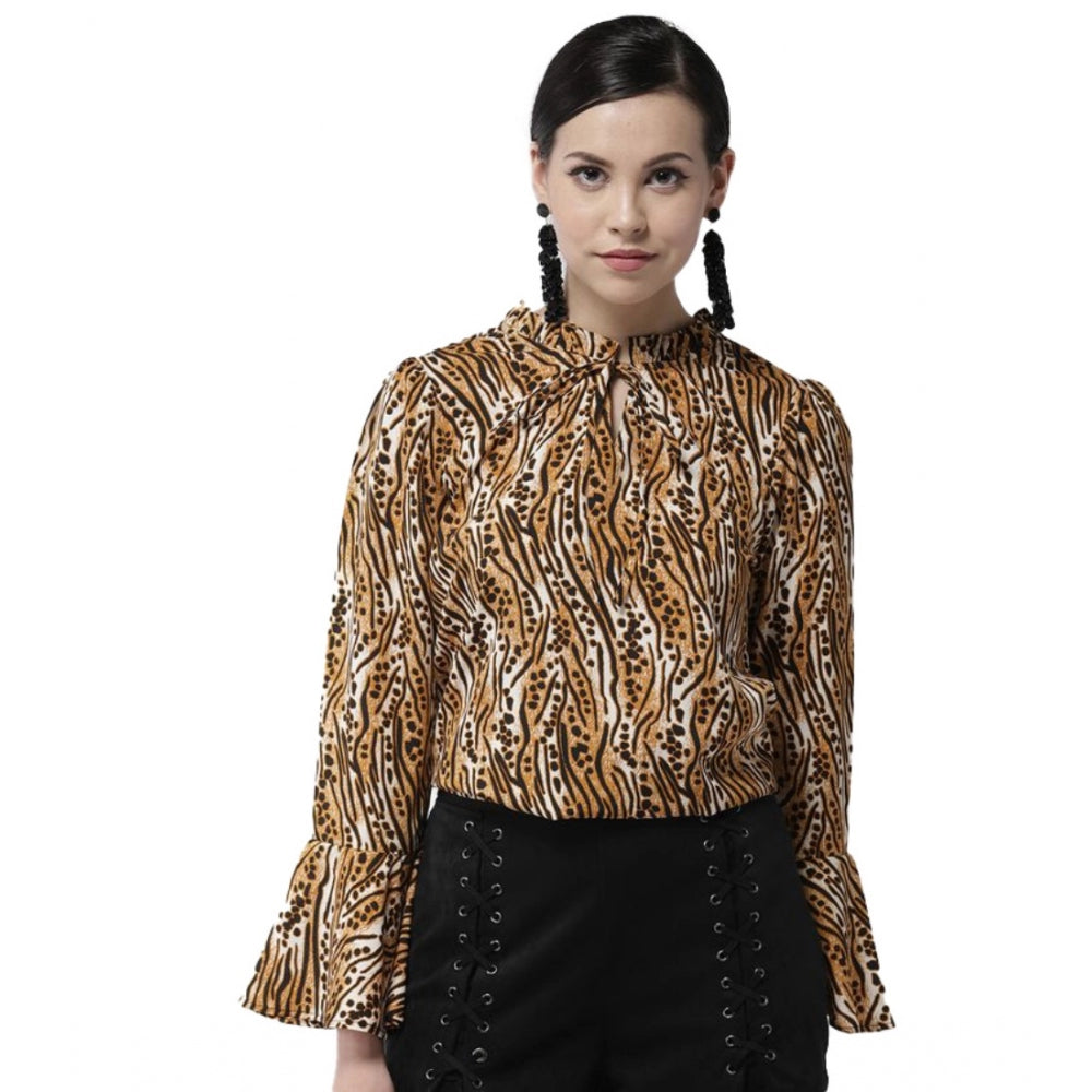 Women's Polyester Printed Bell Sleeve Top (Orange - Black) - GillKart