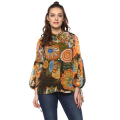 Women's Polyester Floral Balloon Sleeve Top (Mustard - Olive) - GillKart