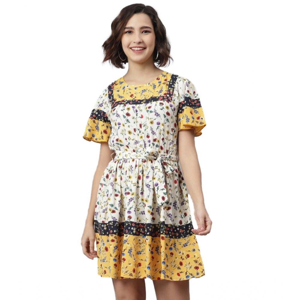 Women's Polyester Floral Flutter Above Knee Dress (Multicolor) - GillKart