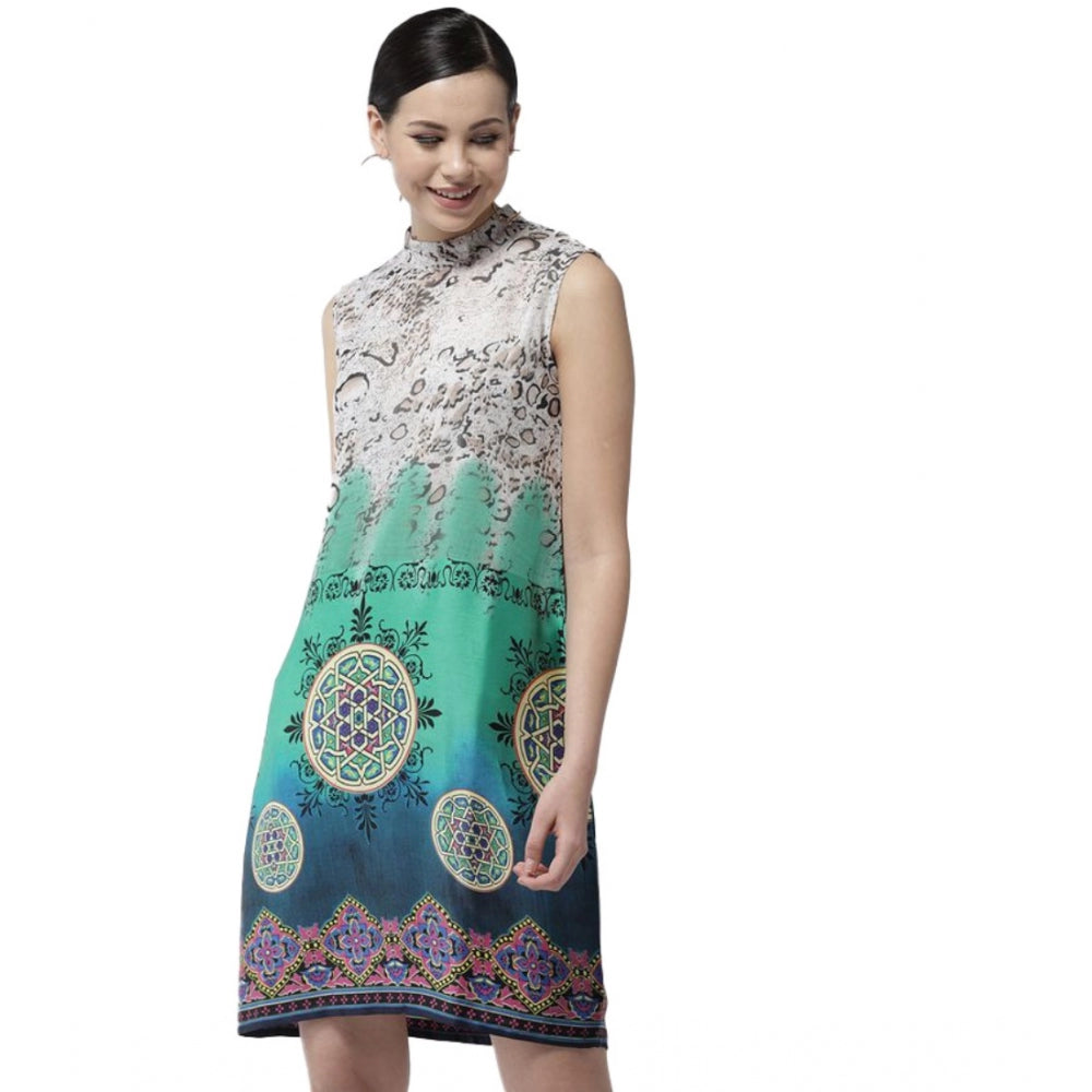 Women's Polyester Printed Sleeveless Above Knee Dress (Multicolor) - GillKart