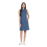 Women's Denim Solid Sleeveless Above Knee Dress (Blue) - GillKart