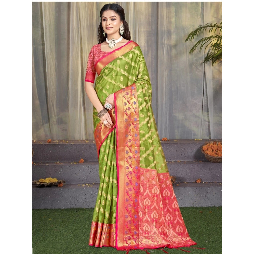 Women's Silk Woven Design Saree With Unstitched Blouse 5.5Mtr (Green) - GillKart