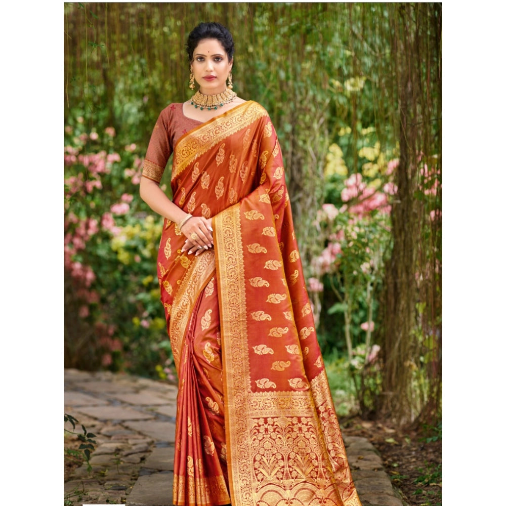 Women's Silk Woven Design Saree With Unstitched Blouse 5.5Mtr (Rust) - GillKart