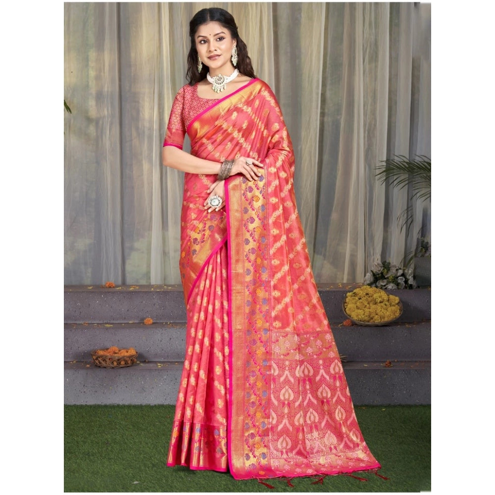 Women's Silk Woven Design Saree With Unstitched Blouse 5.5Mtr (Pink) - GillKart