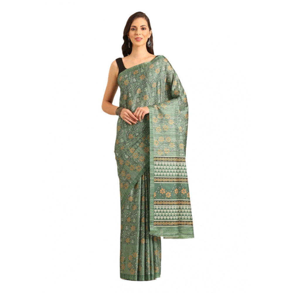 Women's Cotton Printed Saree With Unstitched Blouse 5.5Mtr (Green) - GillKart