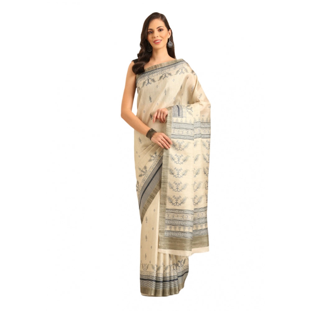 Women's Cotton Printed Saree With Unstitched Blouse 5.5Mtr (Cream) - GillKart