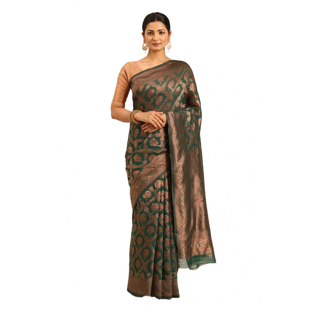 Women's Cotton Woven Design Saree With Unstitched Blouse 5.5Mtr (Green) - GillKart