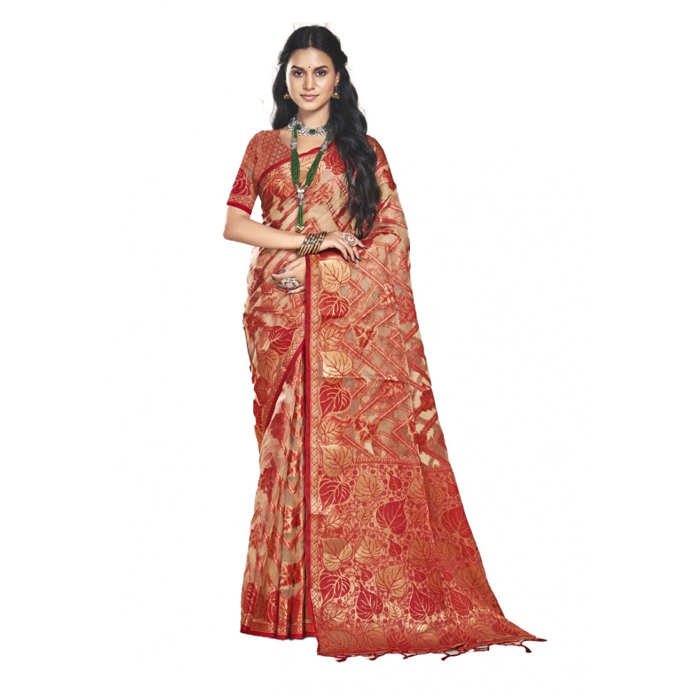 Women's Organza Woven Design Saree With Unstitched Blouse 5.5Mtr (Red) - GillKart