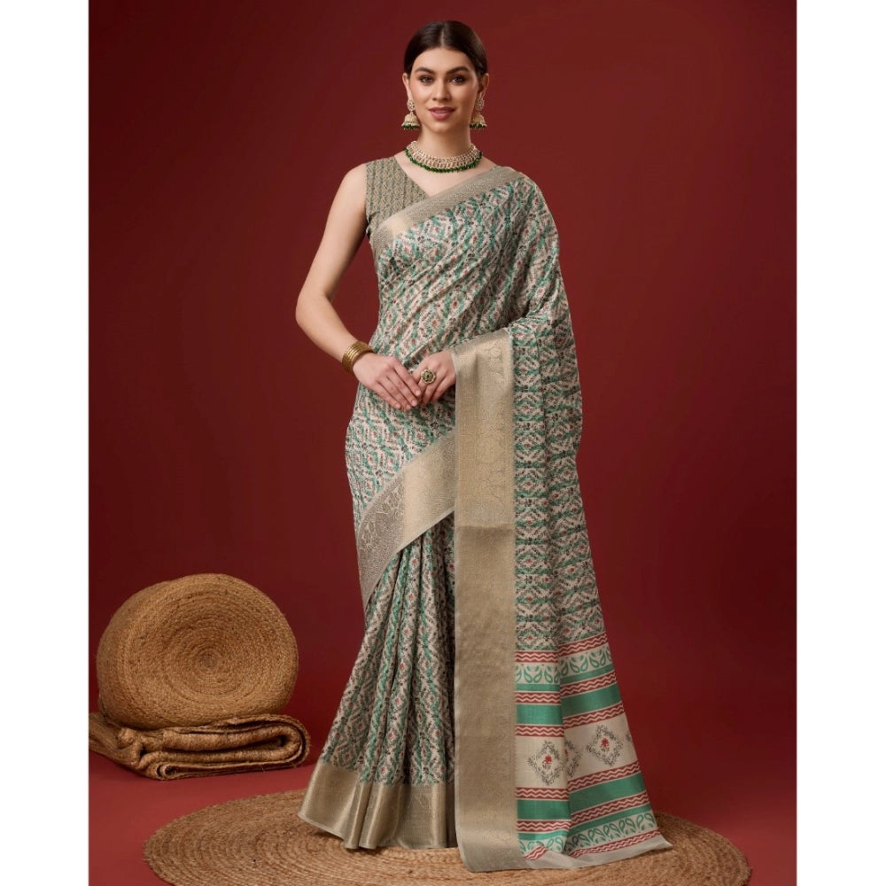 Women's Cotton Printed Saree With Unstitched Blouse 5.5Mtr (Turquoise) - GillKart