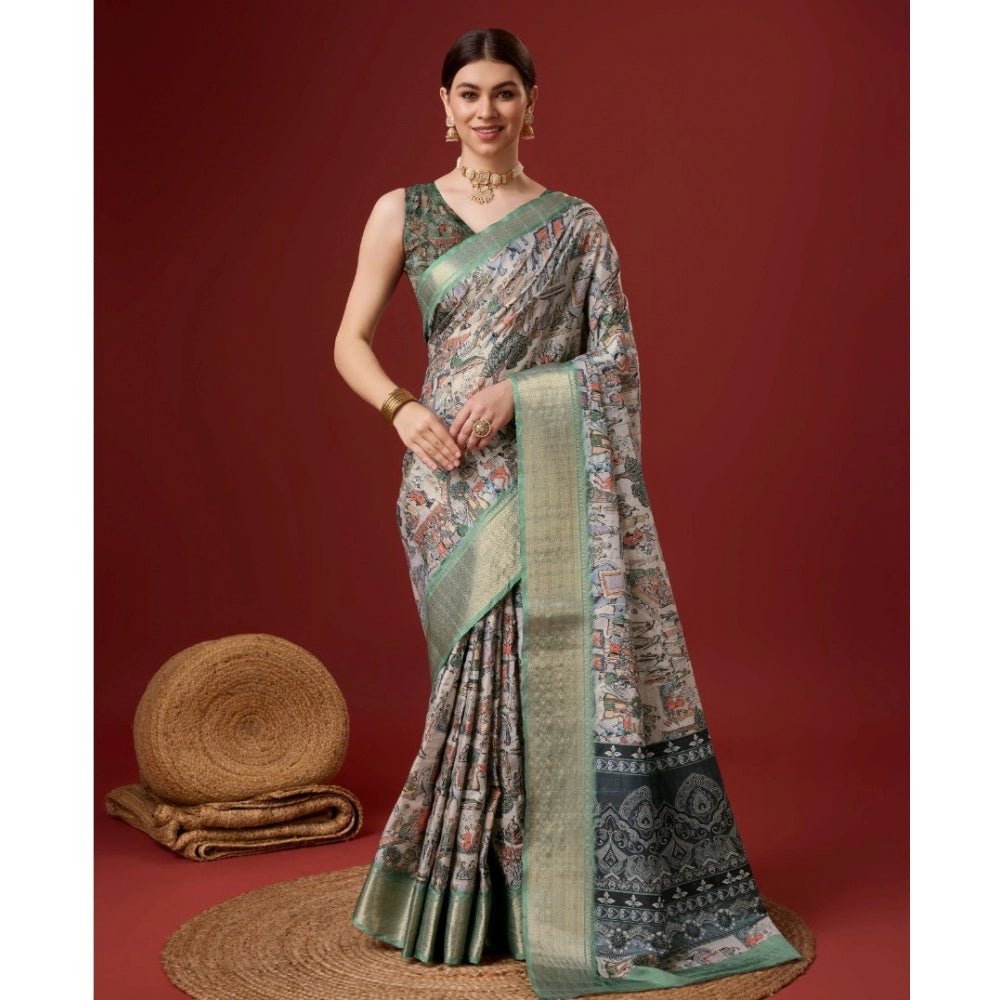 Women's Cotton Printed Saree With Unstitched Blouse 5.5Mtr (Grey) - GillKart