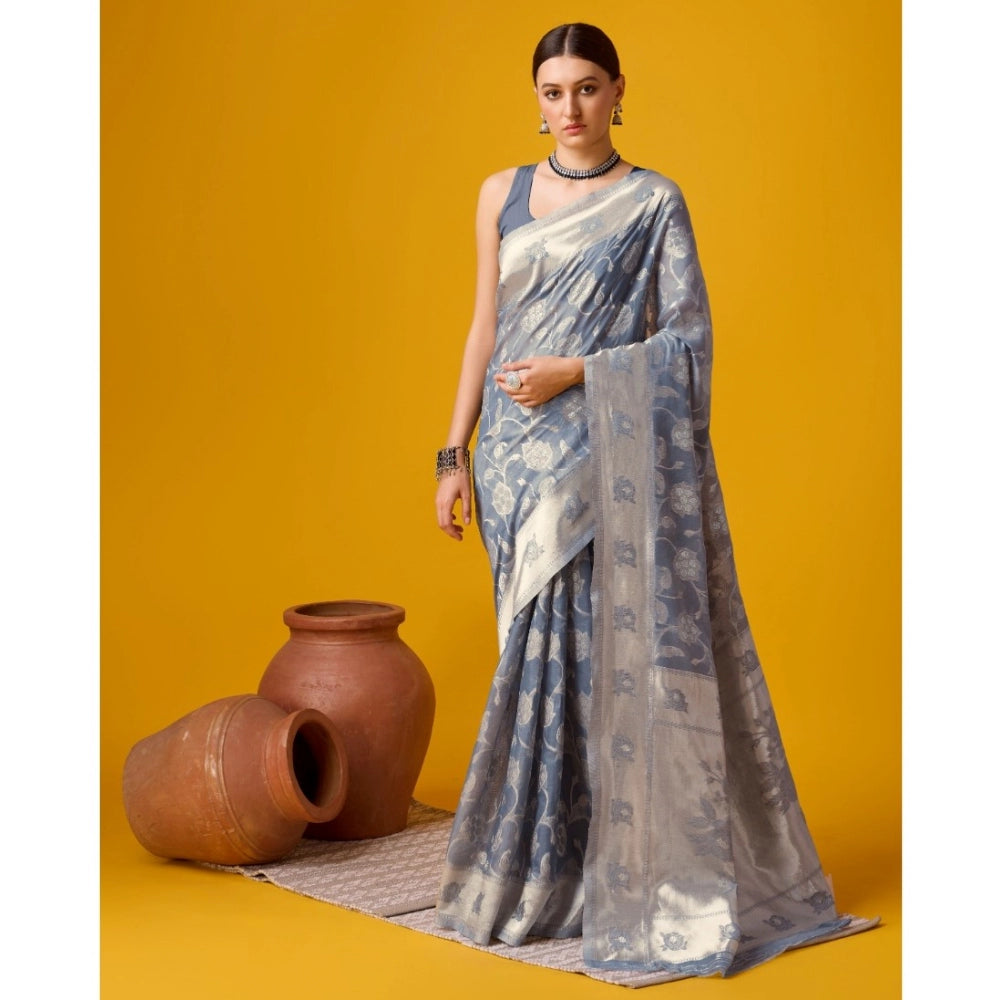 Women's Cotton Printed Saree With Unstitched Blouse 5.5Mtr (Grey) - GillKart