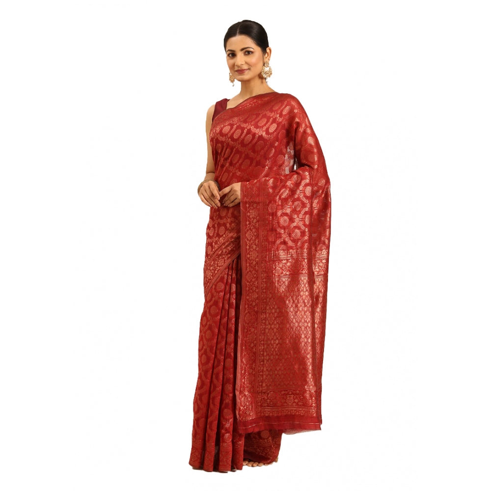 Women's Cotton Woven Design Saree With Unstitched Blouse 5.5Mtr (Red) - GillKart