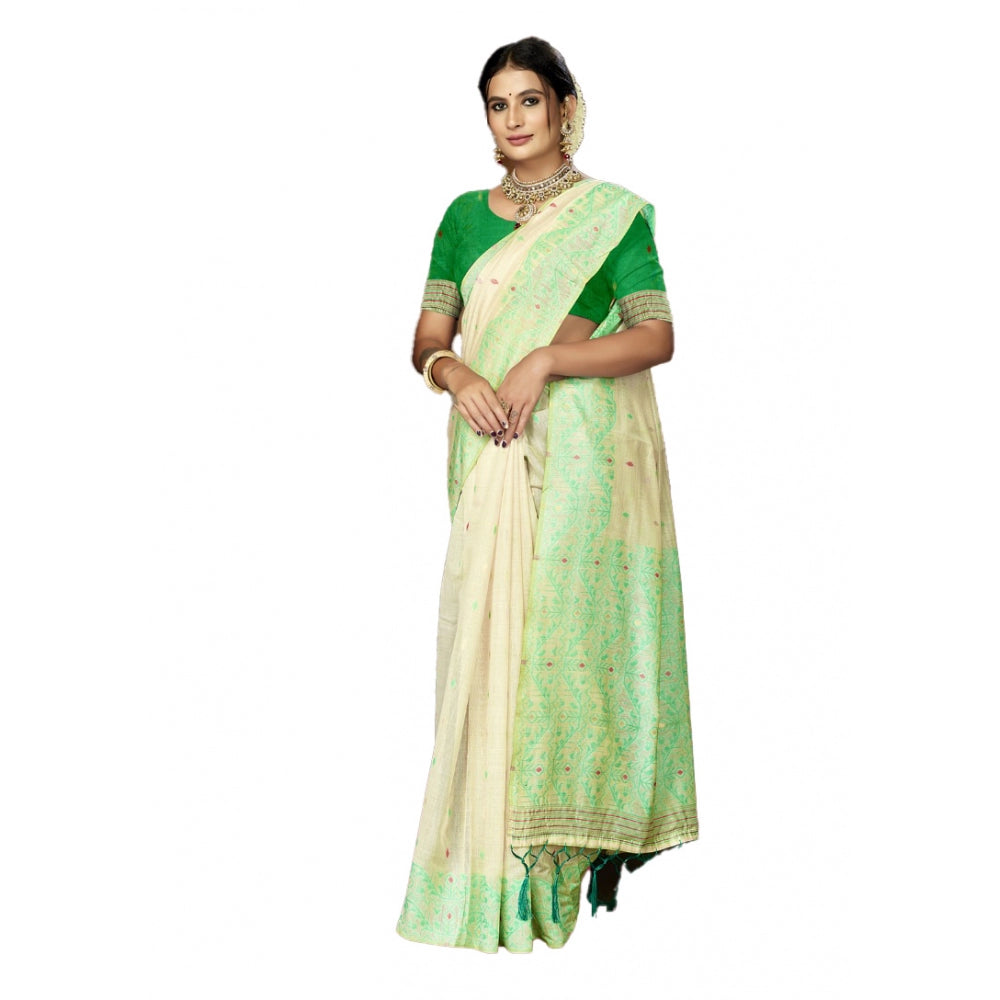 Women's Cotton Printed Saree With Unstitched Blouse 5.5Mtr (Green) - GillKart