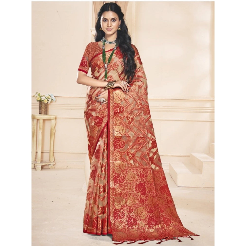 Women's Organza Woven Design Saree With Unstitched Blouse 5.5Mtr (Red) - GillKart