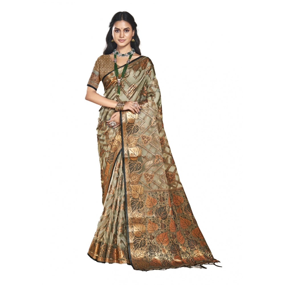 Women's Organza Woven Design Saree With Unstitched Blouse 5.5Mtr (Grey) - GillKart