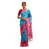 Women's Cotton Printed Saree With Unstitched Blouse 5.5Mtr (Blue) - GillKart