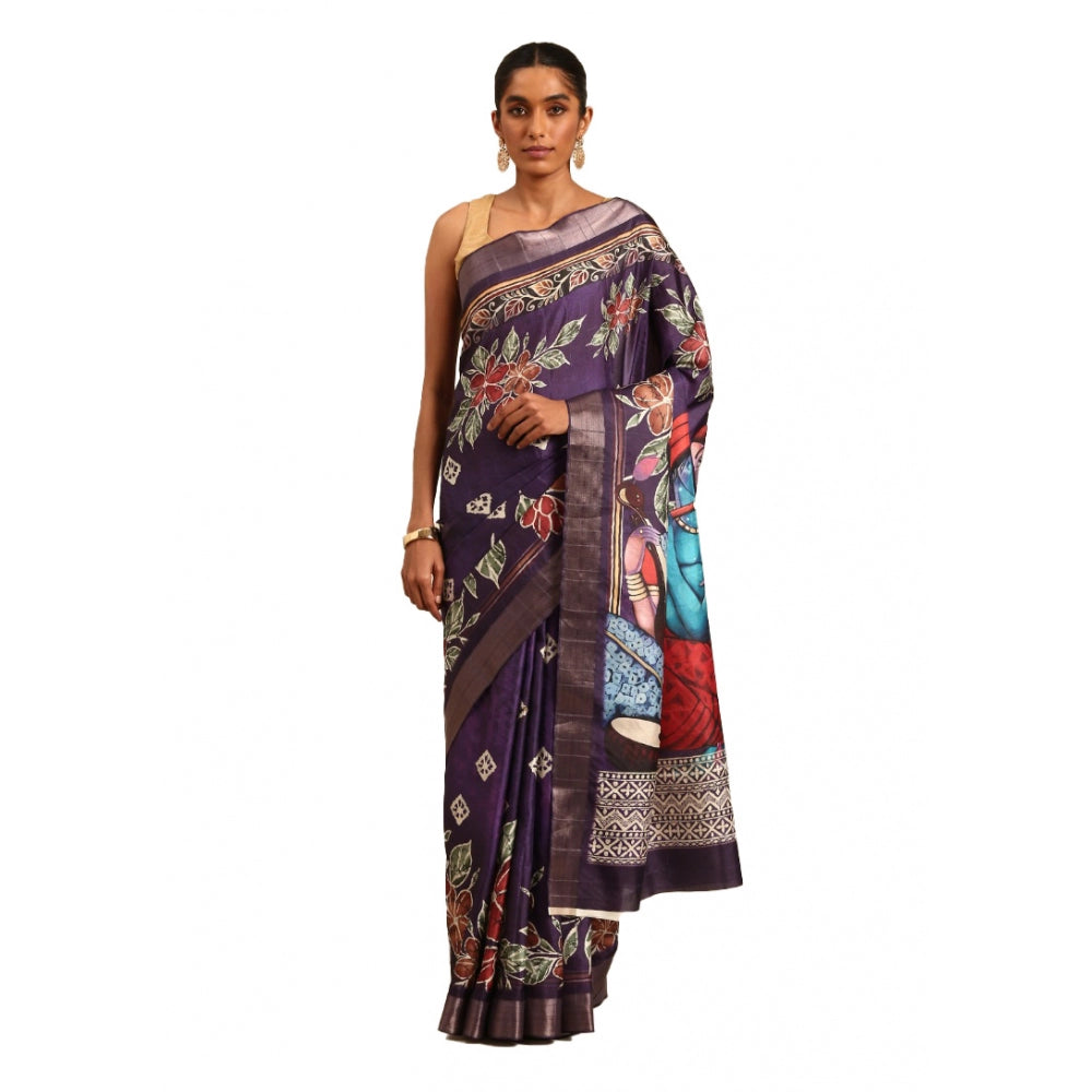 Women's Cotton Printed Saree With Unstitched Blouse 5.5Mtr (Purple-Pink) - GillKart