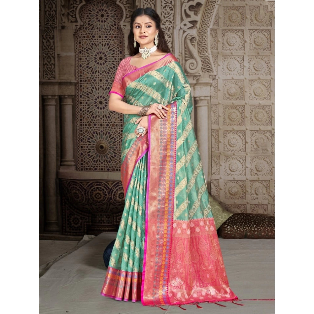 Women's Silk Woven Design Saree With Unstitched Blouse 5.5Mtr (Green) - GillKart