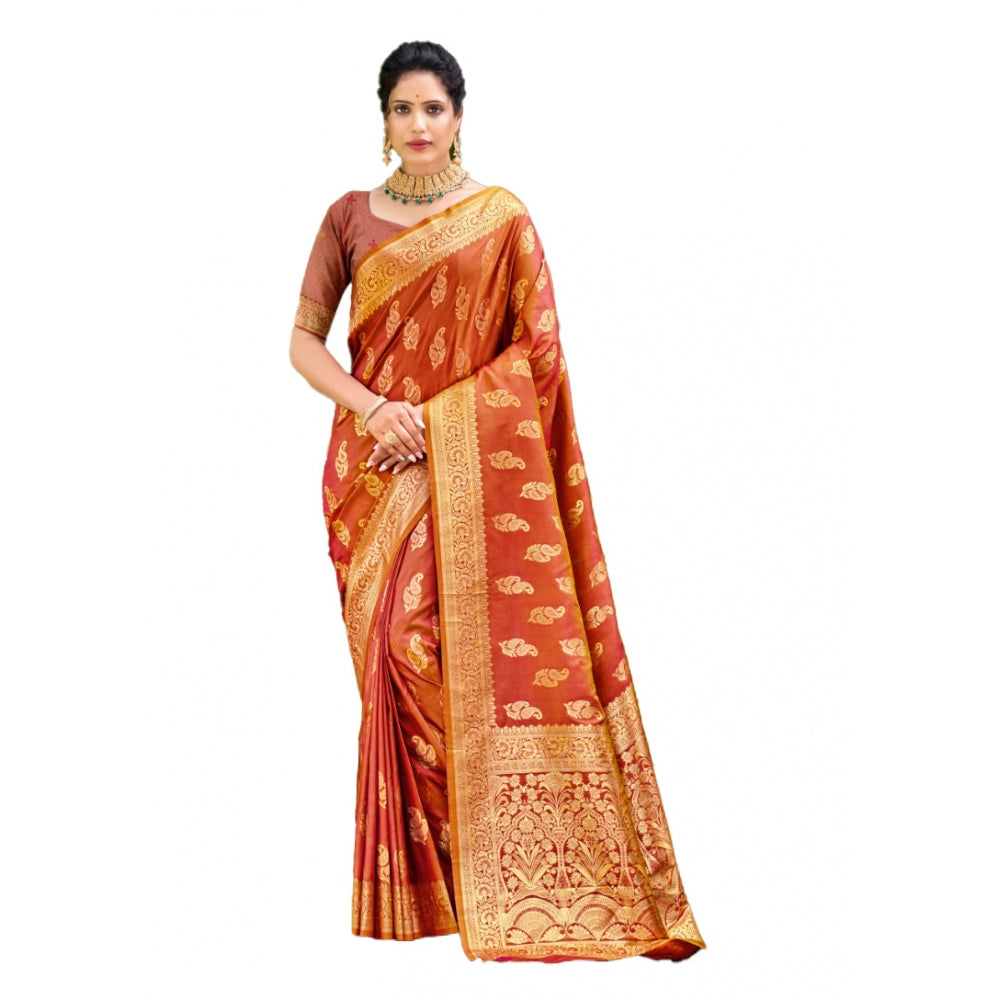 Women's Silk Woven Design Saree With Unstitched Blouse 5.5Mtr (Rust) - GillKart