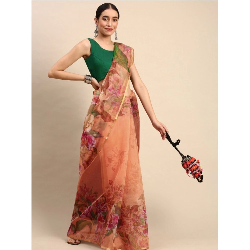 Women's Organza Printed Saree With Unstitched Blouse 5.5Mtr (Peach) - GillKart