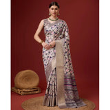 Women's Cotton Printed Saree With Unstitched Blouse 5.5Mtr (Cream) - GillKart