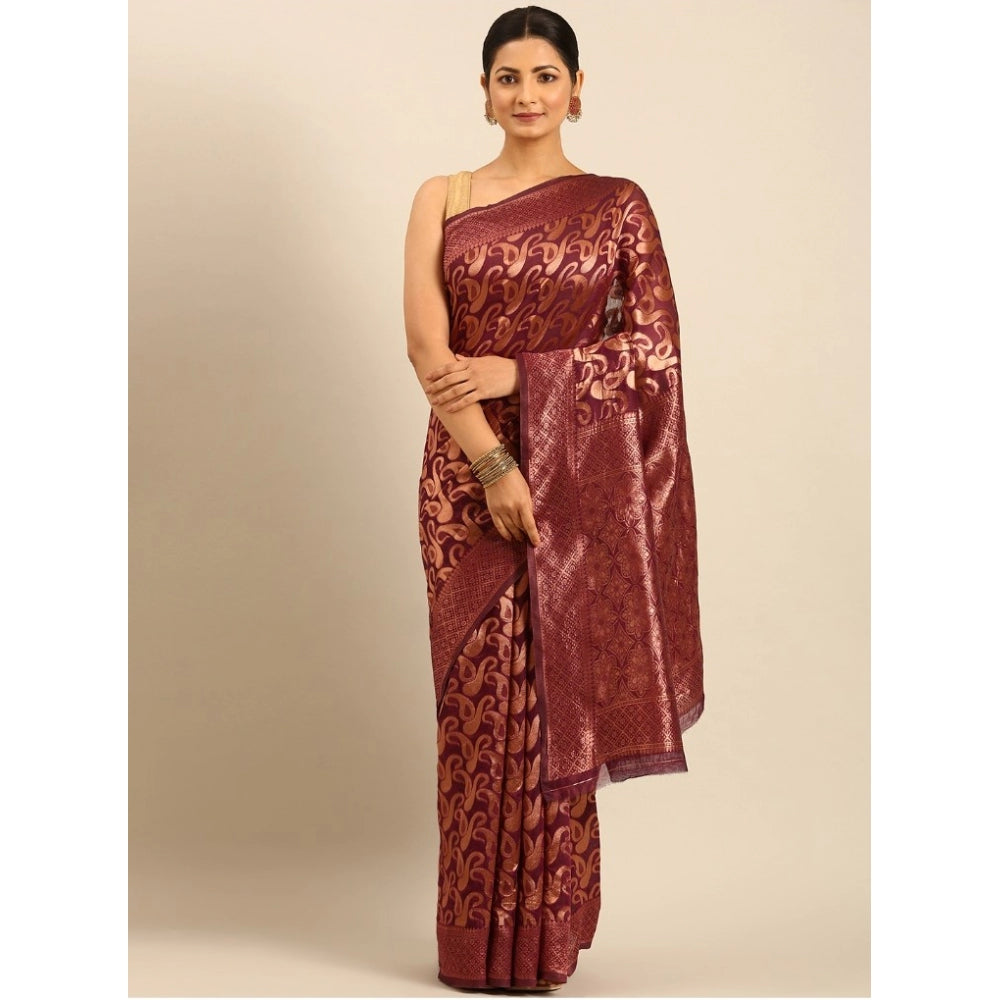 Women's Cotton Woven Design Saree With Unstitched Blouse 5.5Mtr (Brown) - GillKart