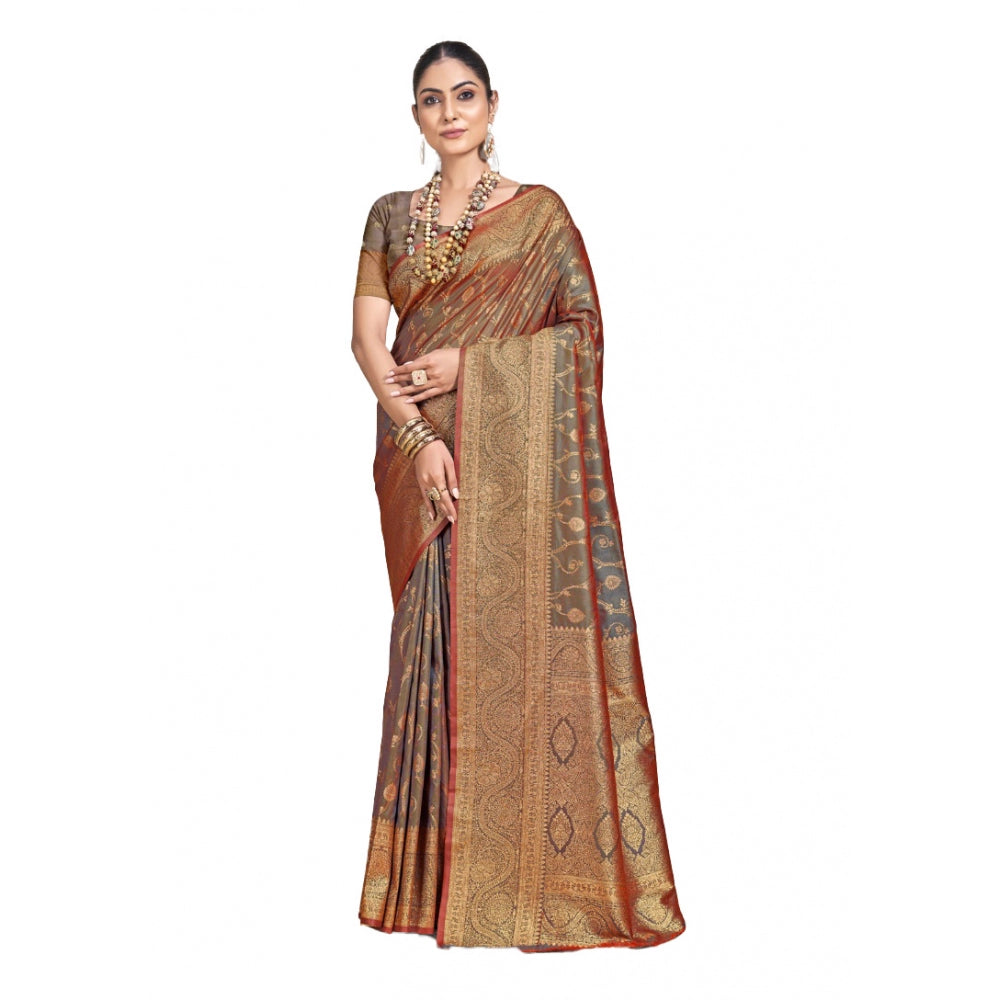 Women's Silk Printed Saree With Unstitched Blouse 5.5Mtr (Grey) - GillKart