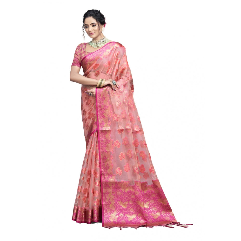 Women's Organza Woven Design Saree With Unstitched Blouse 5.5Mtr (Pink) - GillKart