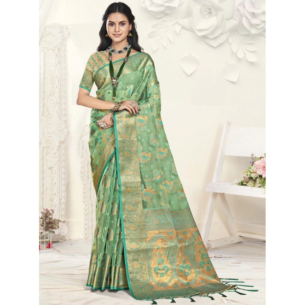 Women's Organza Woven Design Saree With Unstitched Blouse 5.5Mtr (Green) - GillKart